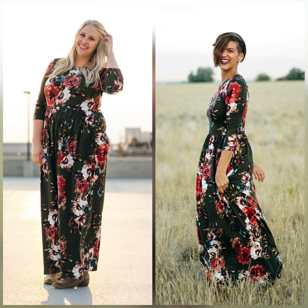 Olive Green Floral Maxi Dress- Tara Lynn boutique.